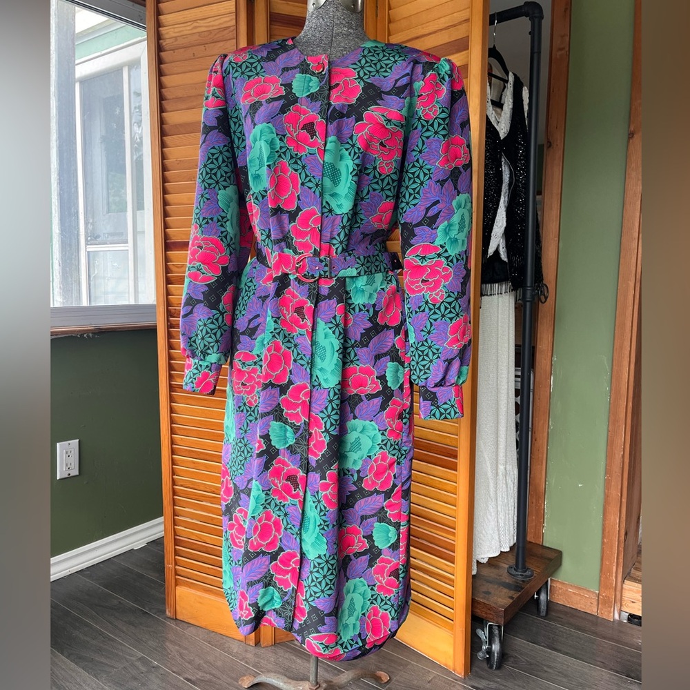 Vibrant Vintage Floral Midi Dress in Pink, Teal & Purple
